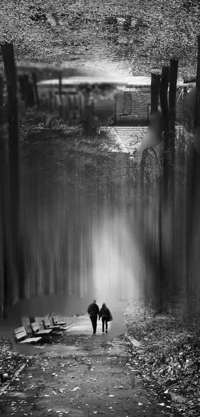 Black and white wallpaper of a serene park walkway with an ethereal skyline.