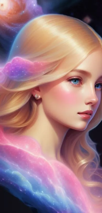 Ethereal blonde figure with cosmic swirls, pink hues dominate the fantasy art wallpaper.