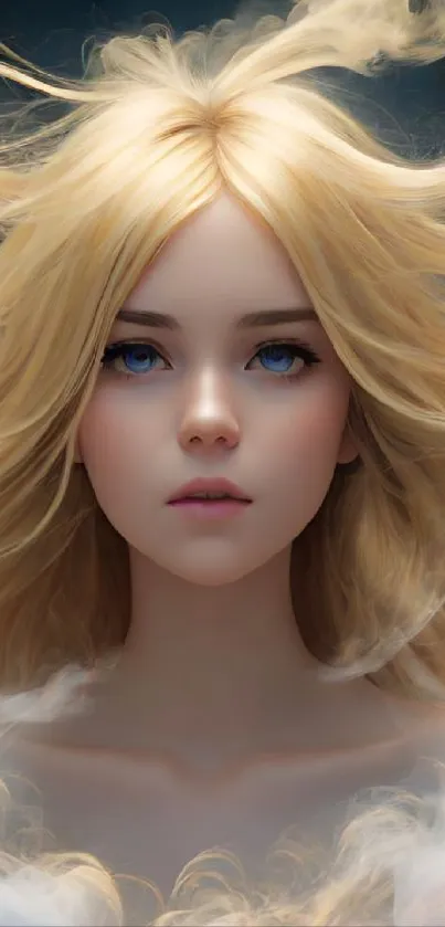 Ethereal portrait of a blonde character with blue eyes, capturing an artistic essence.