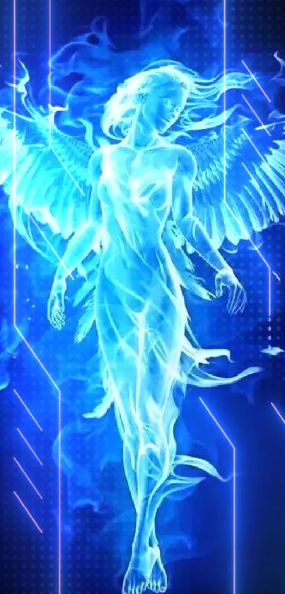 Fantasy blue angel with wings glowing ethereal light in mobile wallpaper.