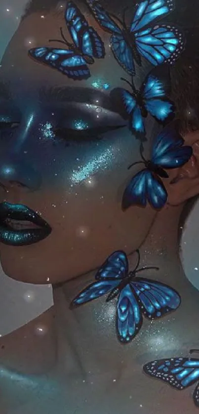 Luminous blue butterflies on face in artistic mobile wallpaper.