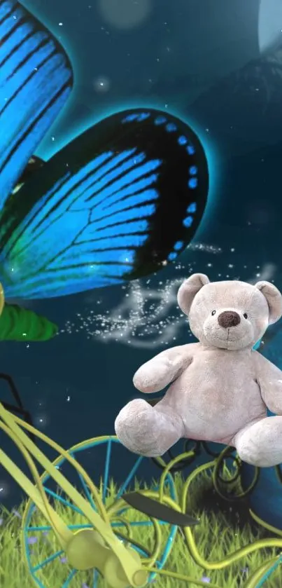 Blue butterfly and teddy bear in cosmic dreamscape mobile wallpaper.