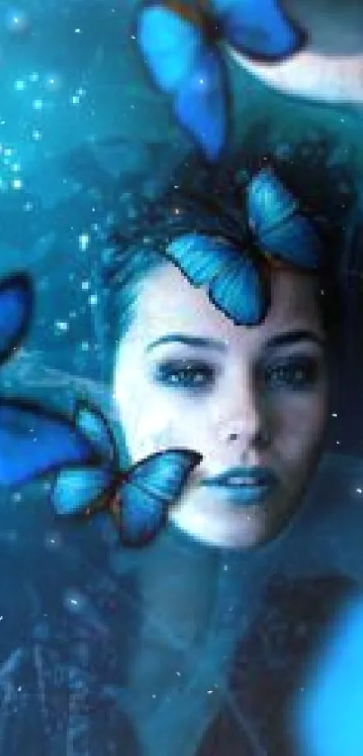 Mystical blue butterflies surround a serene face in a dreamy fantasy setting.