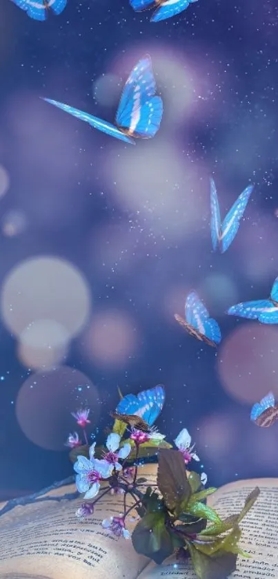 Ethereal wallpaper with blue butterflies and an open book.