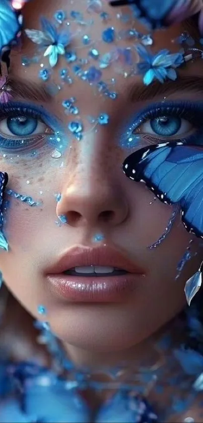 A woman's face adorned with blue butterflies in a fantasy art style.