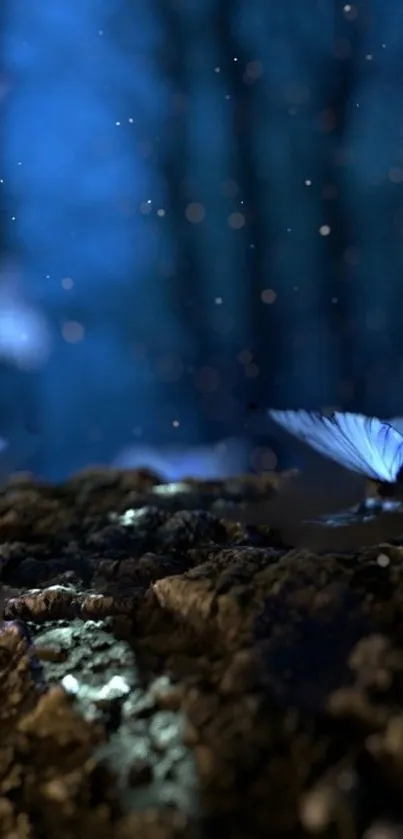 Ethereal blue butterflies fluttering in a mystical nighttime forest scene.