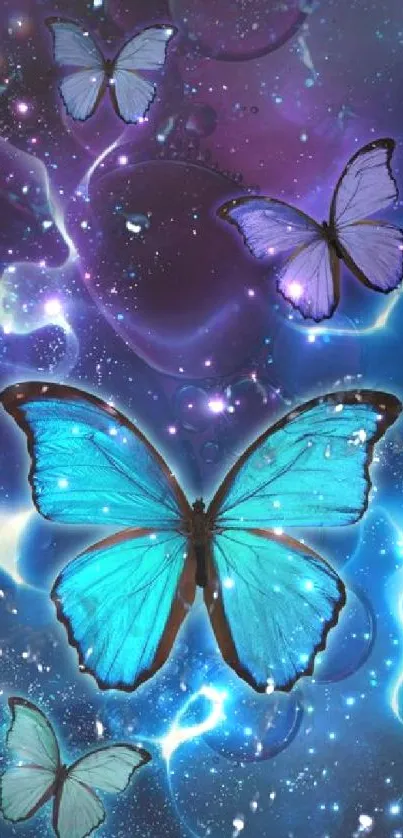 Ethereal blue butterfly on a cosmic background.