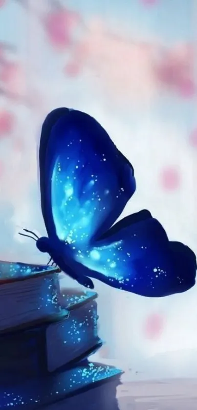 Ethereal blue butterfly on books with a dreamy background.