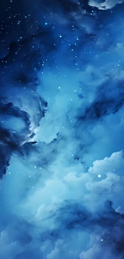 Ethereal blue cloudscape with cosmic elements for mobile wallpaper.