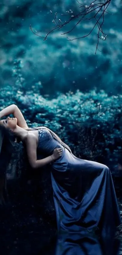 Serene woman in flowy blue dress amidst a mystical background.