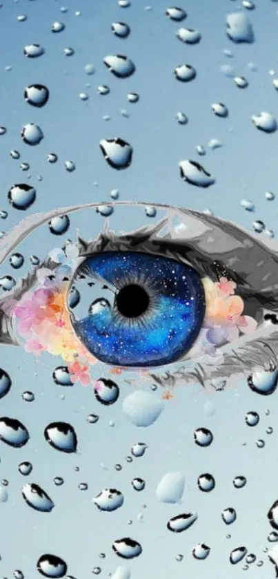 Blue eye surrounded by raindrops on a light blue background.