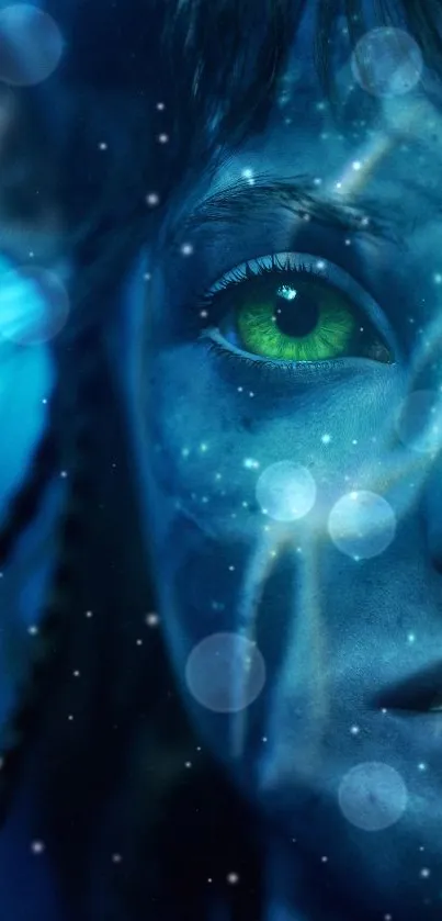 Ethereal blue fantasy wallpaper with glowing green eyes.