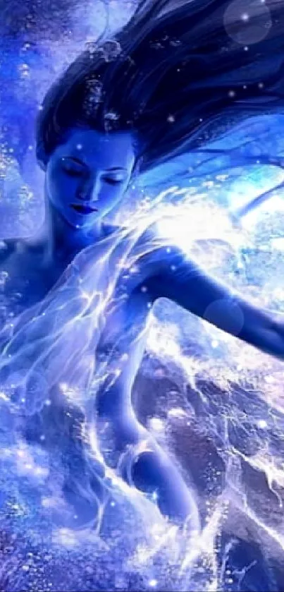 Ethereal figure with mystical blue aura in fantasy wallpaper.