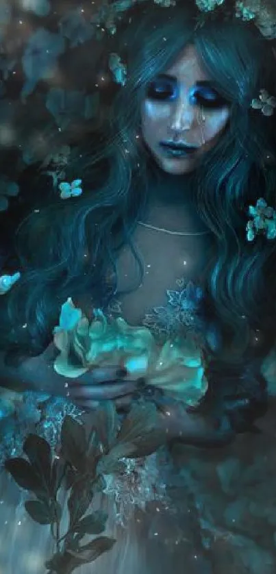 Ethereal woman in blue fantasy setting with flowers and mystical lighting.