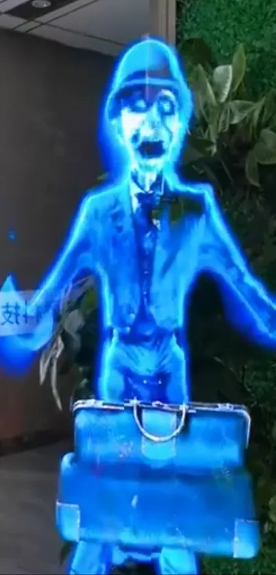 Holographic blue ghostly figure in greenery.