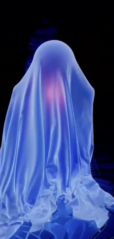 Ethereal ghost draped in blue fabric with a dark background.