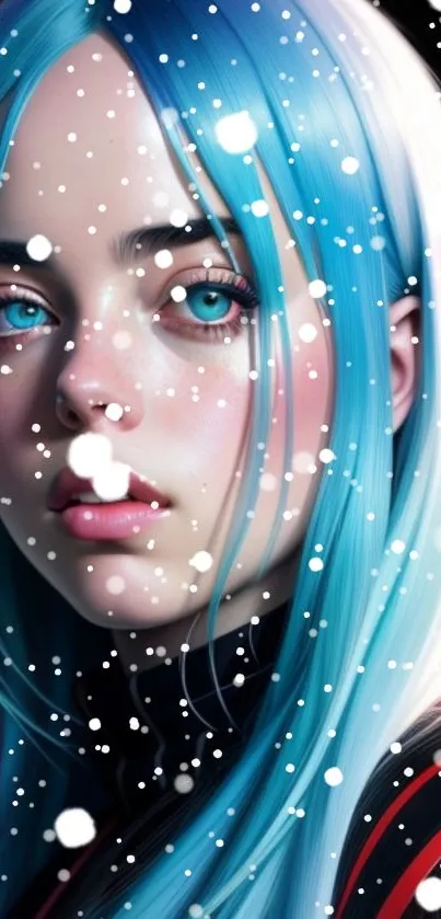 Digital artwork of a girl with blue hair and snowflakes on a mobile wallpaper.