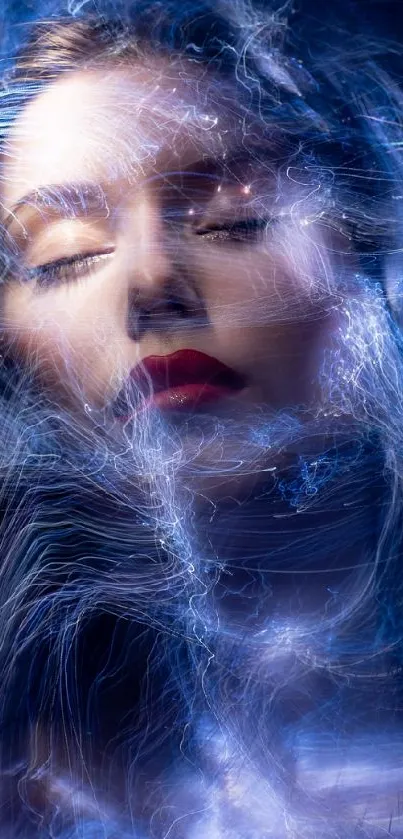 Ethereal blue light portrait with serene swirling patterns.