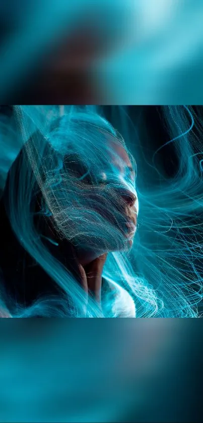 Ethereal portrait with blue light swirls on mobile wallpaper.