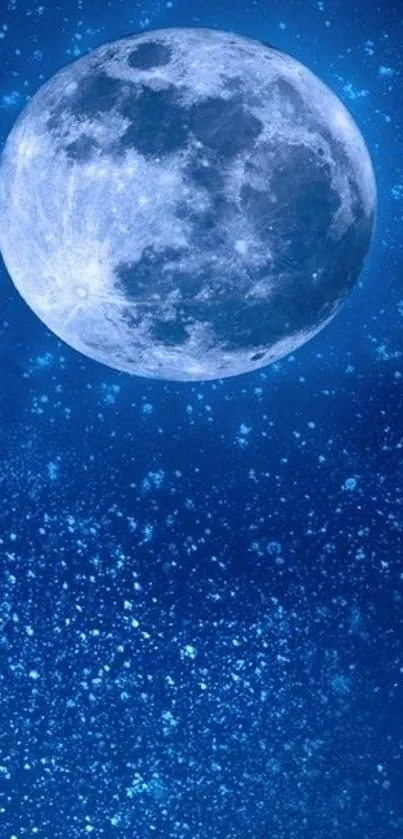 Full moon in a sparkling blue night sky with stars.