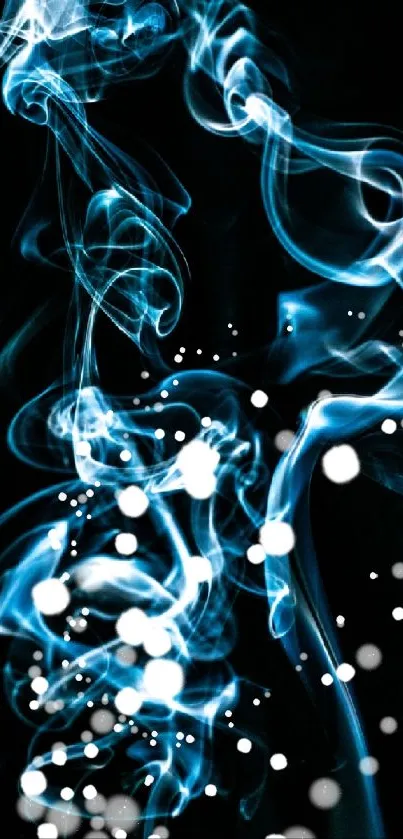 Ethereal blue smoke with luminous dots on black background.