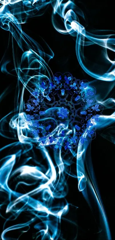 Ethereal blue smoke pattern on black background.