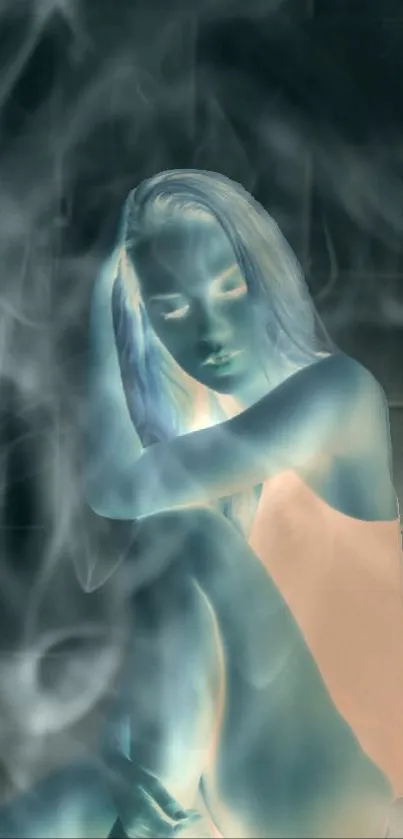 Ethereal portrait in blue smoke with mystical and dreamlike appearance.