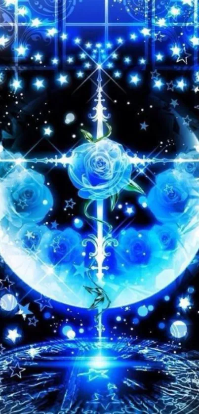 Ethereal blue wallpaper with stars, moon, and roses.