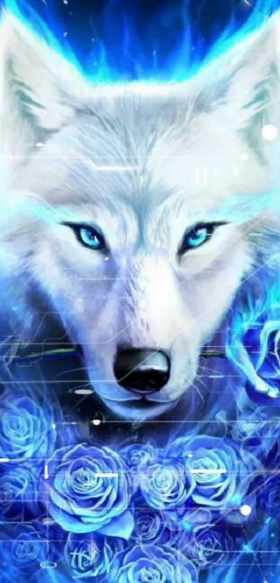 Mystical blue wolf with roses and flames.