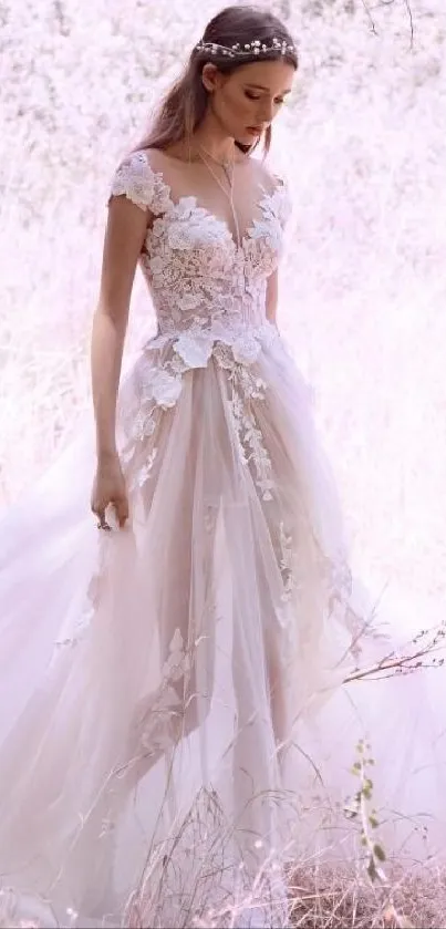 Ethereal bride in pink gown amidst a dreamy meadow.