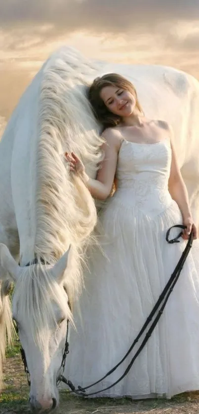 Bride in white gown with horse in serene setting.