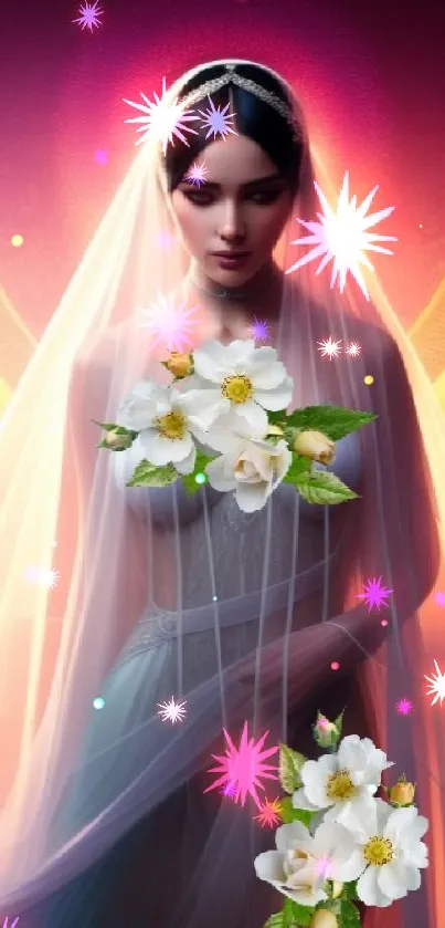 Ethereal bride with flowers and veil in a mystical aura.