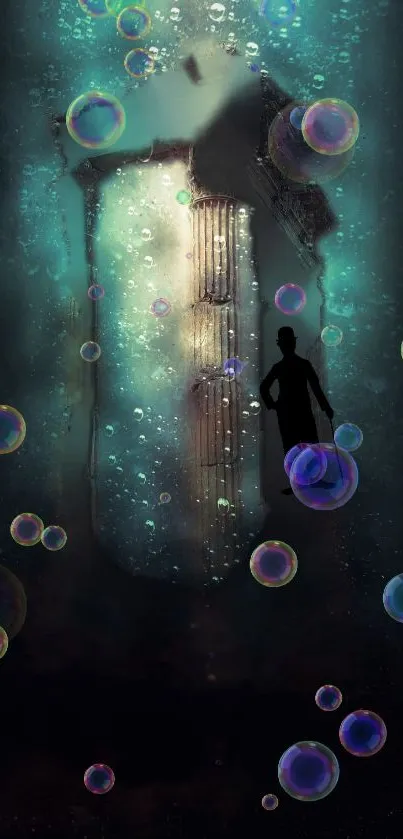 Silhouette immersed in teal bubbles with a mystical vibe.