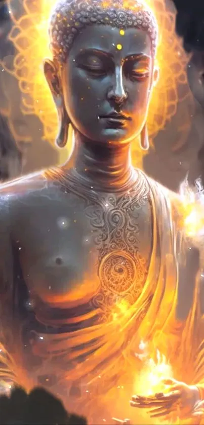 Ethereal Buddha art with golden glow and serene atmosphere.