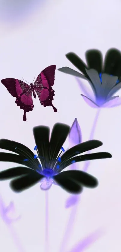 Ethereal butterfly over dark floral silhouettes on a soft lavender background.