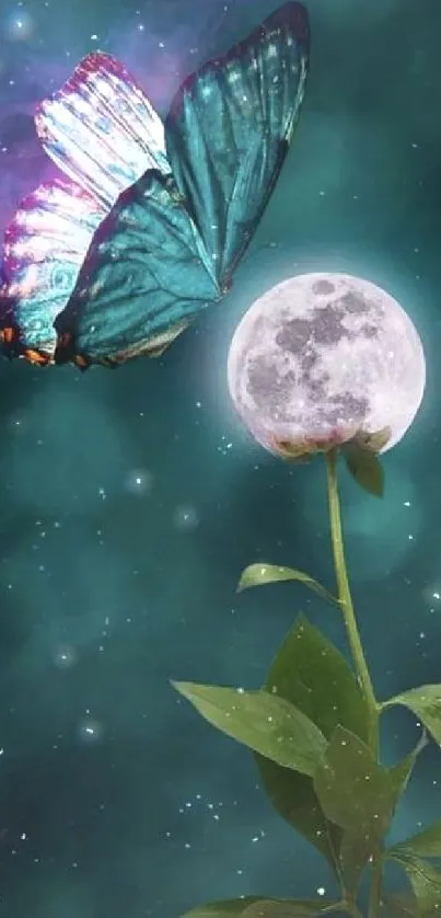 Butterfly near moon with dark teal sky backdrop.