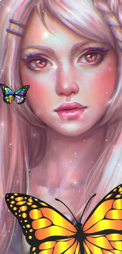 Ethereal fantasy portrait with butterflies and soft pink hues.