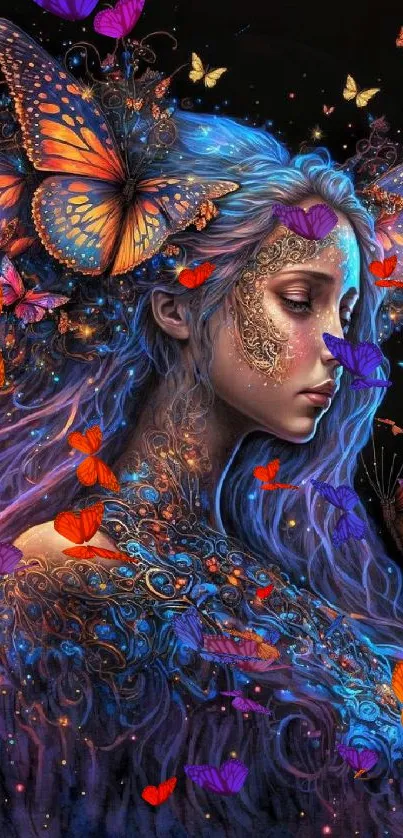 Woman with vibrant butterflies and intricate designs in a fantasy setting.