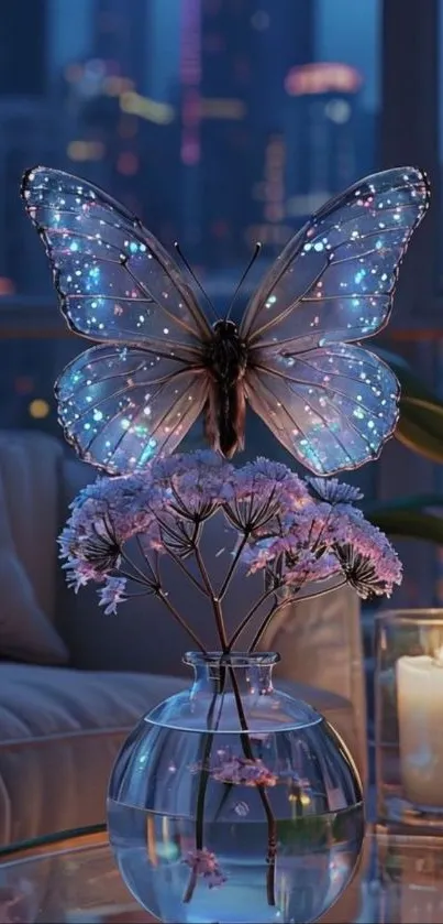A glowing butterfly on a vase of flowers at night.