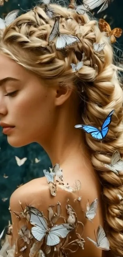Blonde woman with butterflies in braided hair