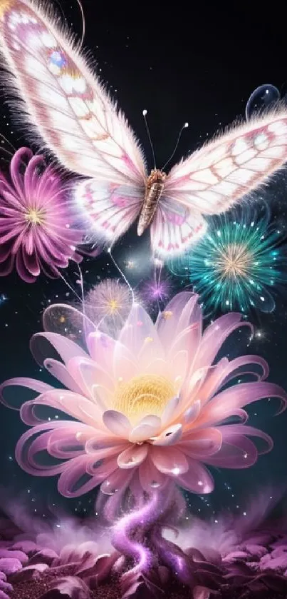 Ethereal butterfly and lotus design on a starry night wallpaper.