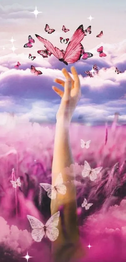 Hand reaching for butterflies in a purple cloudscape.