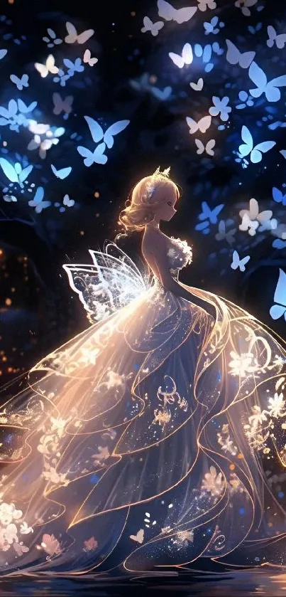 Fairy in gown with glowing butterflies in a dreamlike night scene.