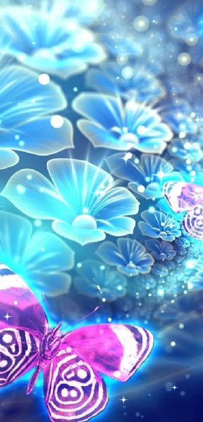 Ethereal glowing butterflies on floral fantasy background wallpaper.