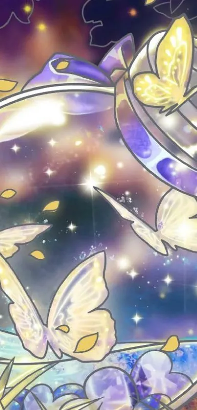 Ethereal fantasy wallpaper with glowing butterflies and cosmic background.