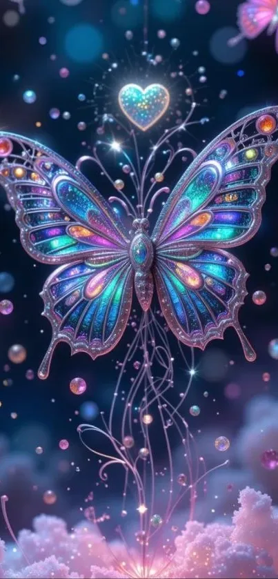 Colorful fantasy butterfly with glowing lights and clouds.