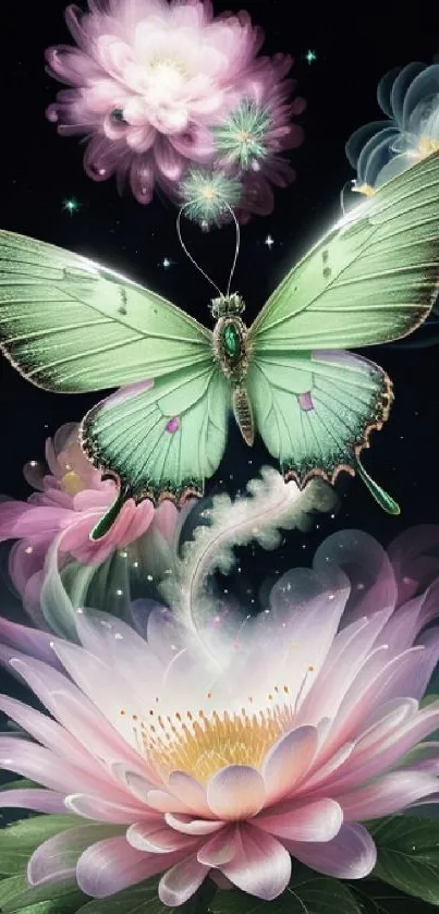 Ethereal fantasy wallpaper with green butterfly and flowers.