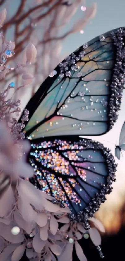 Ethereal butterfly with glittering wings amidst pastel branches.