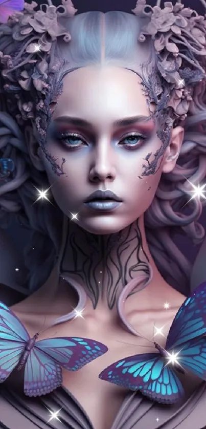 Fantasy figure with butterflies in a surreal, lavender-toned setting.