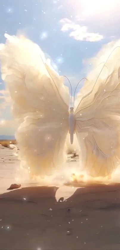 Ethereal butterfly with glowing wings in a serene desert landscape.